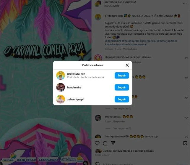 o perfil pessoal do prefeito (@zehenriquepi) foi marcado como colaborador, vinculando sua imagem a eventos oficiais