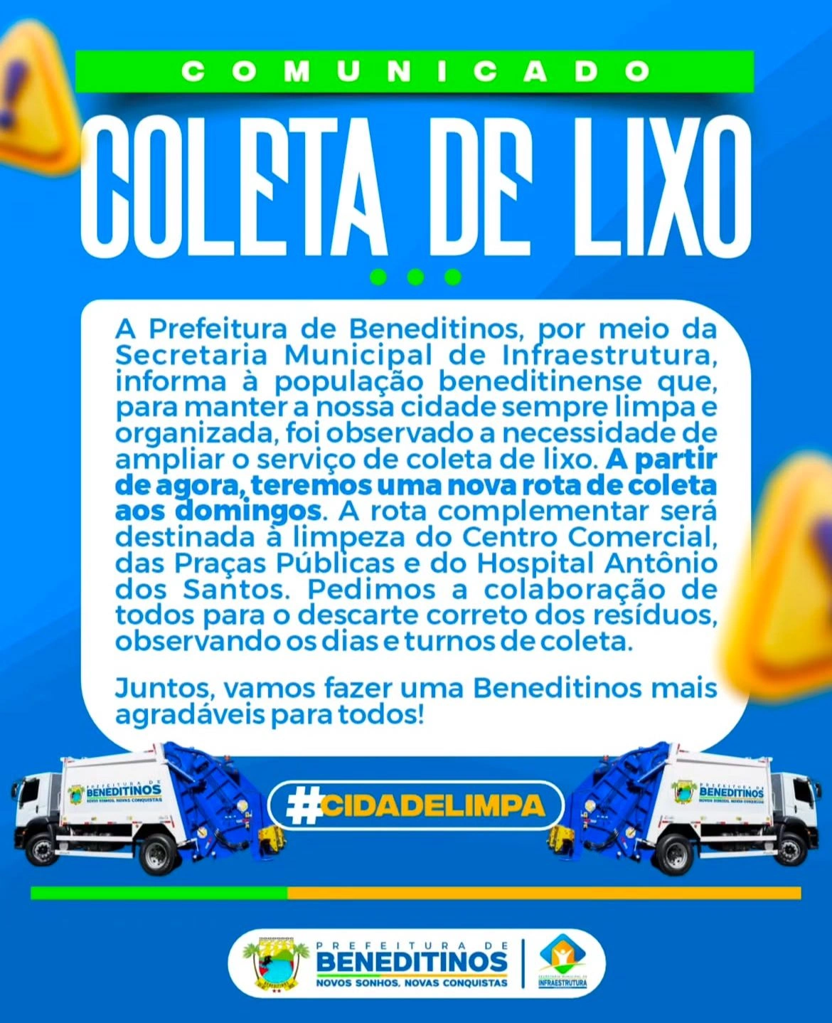 Prefeitura de Beneditinos ampliará coleta de lixo aos domingos