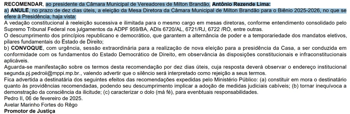 Recomendação consta no diário oficial do MPPI deste dia 10 de fevereiro