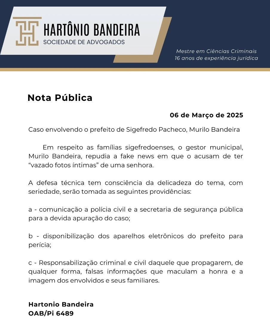 Defesa do prefeito de Sigefredo Pacheco emite nota sobre acusações no caso de vazamento de fotos