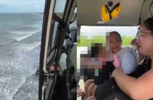 Helicóptero da PMPI resgata família que ficou ilhada após embarcação quebrar motor e ficar à deriva em alto mar (Foto: SSP-PI)