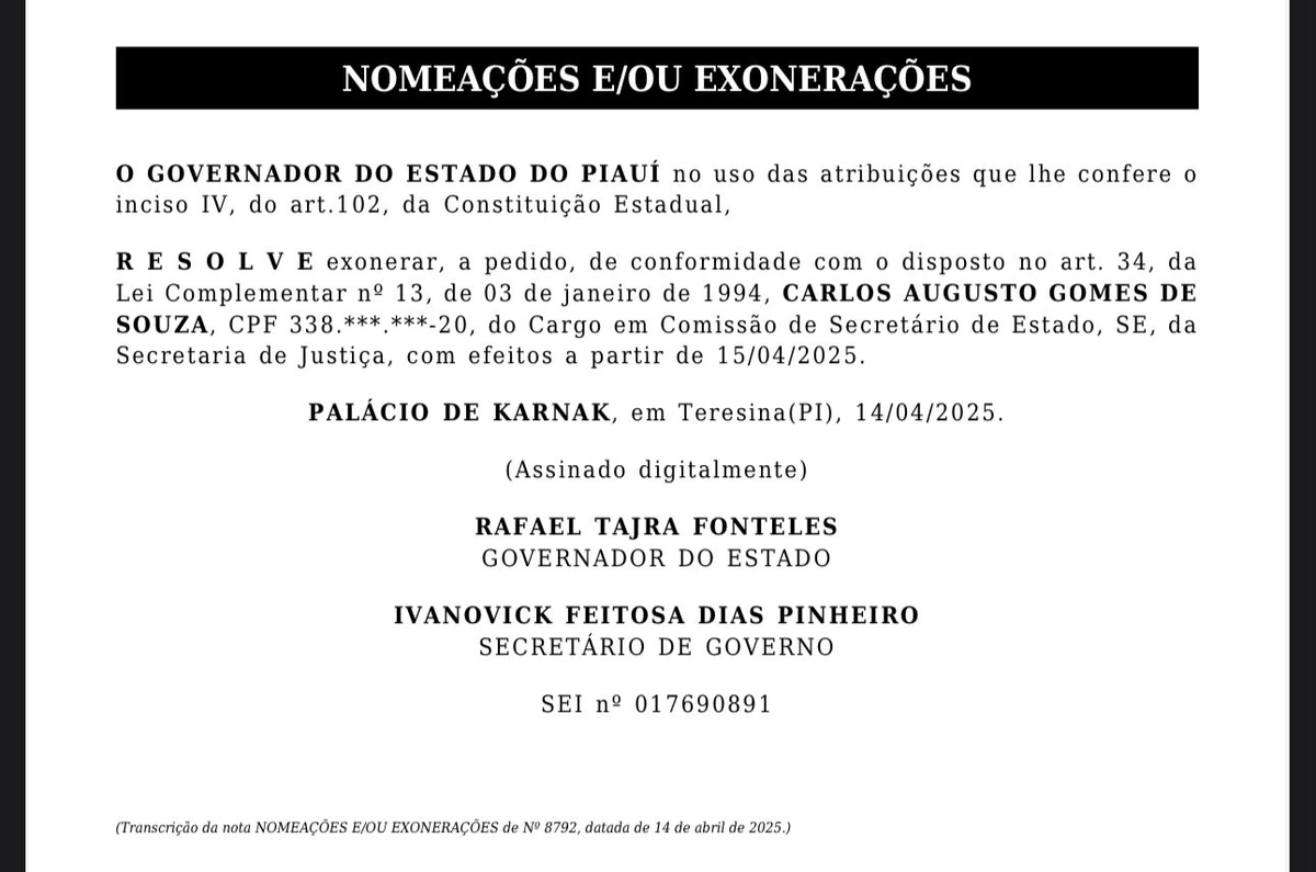 Carlos Augusto deixa o cargo de secretário de Justiça do Piauí