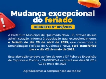 Feriado do aniversário de Queimada Nova é transferido para o dia 2 de maio