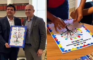 Deputado Tiago Vasconcelos entrega ao governador obra de arte feita por autistas (Foto: Reprodução)