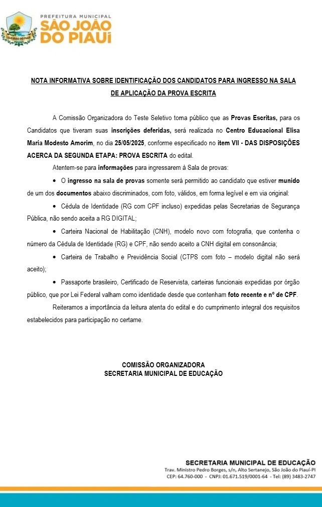 Secretaria de Educação divulga orientações de prova em São João do Piauí