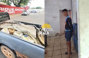 Jovem é preso em flagrante com 55 galões de combustível desviados em Teresina (Foto: Divulgação/DEOP)