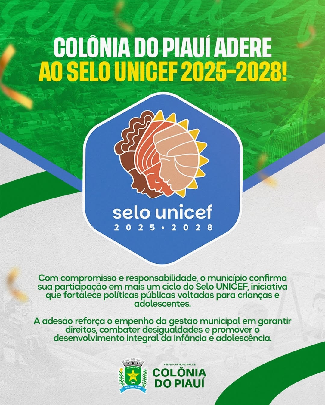 Município de Colônia do Piauí adere ao Selo UNICEF 2025-2028