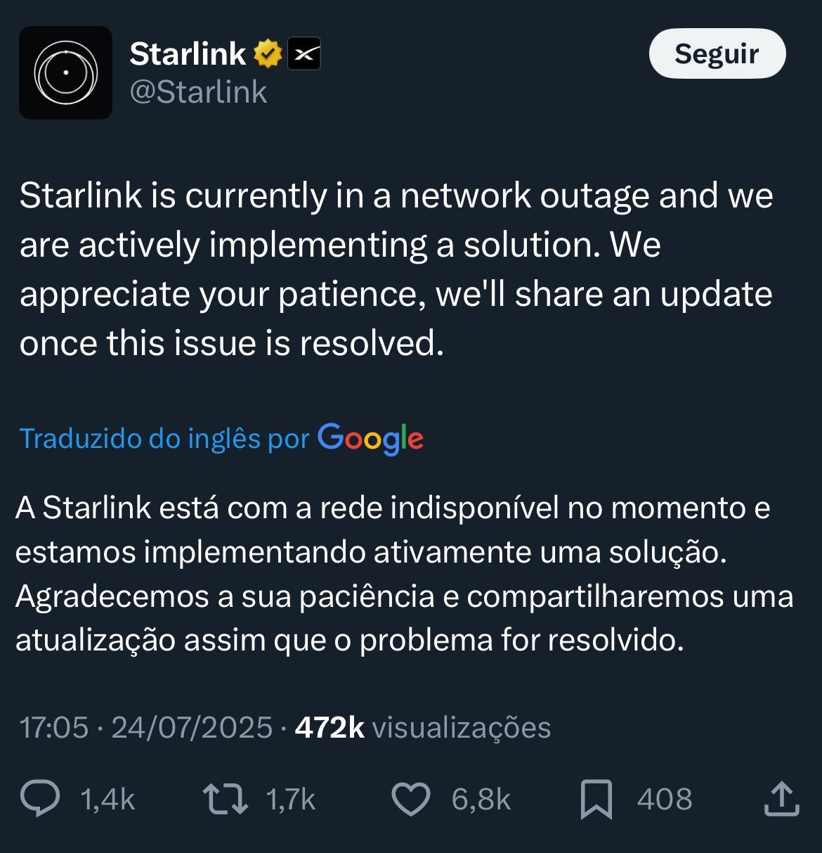 Instabilidade na Starlink