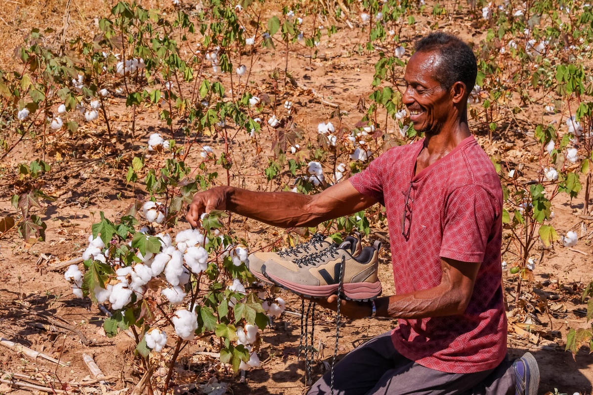 Manoel Aragão mostra tênis que é fabricado a partir do algodão orgânico cultivado por ele