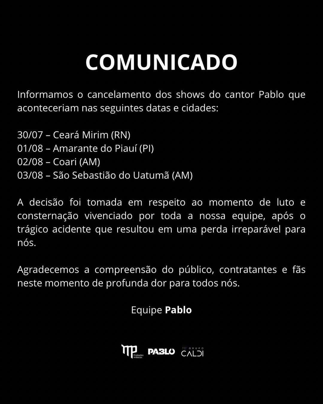 Pablo cancela show no Piauí após falecimento de sua diretora de Marketing