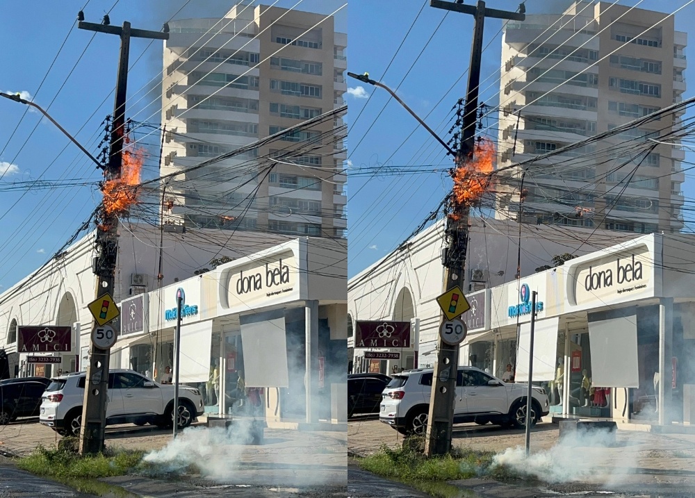 Emaranhado de fios pega fogo em postes da rede elétrica na zona Leste de Teresina