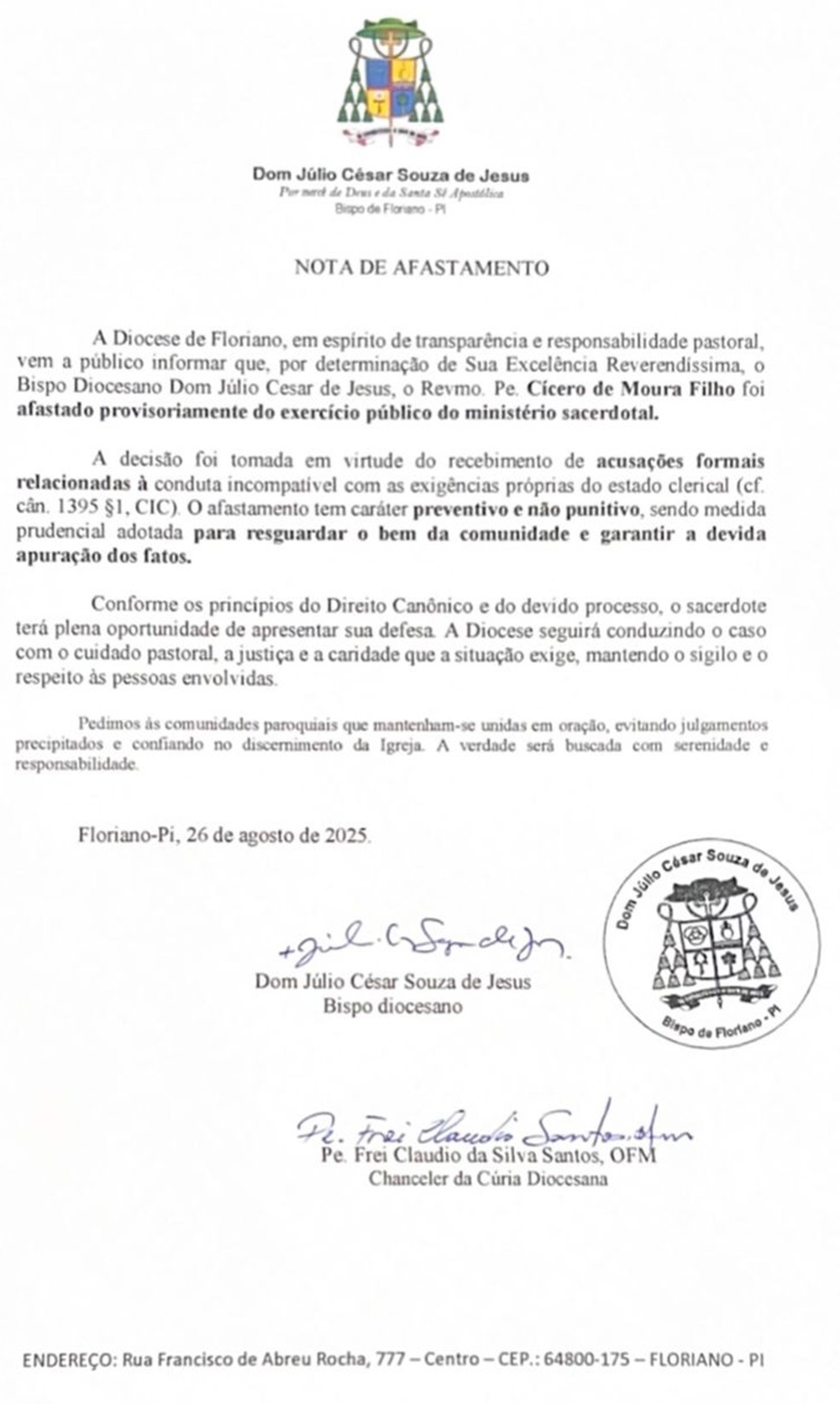Nota da Diocese