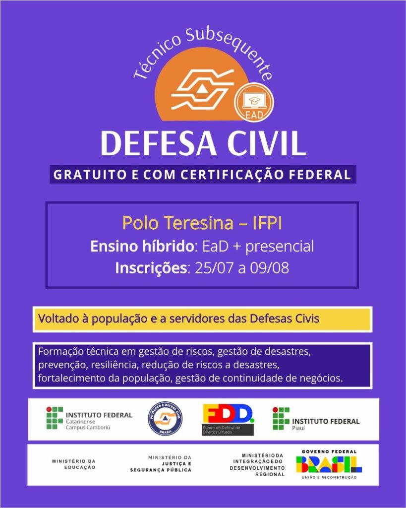 Piauí será polo no Nordeste para oferta do primeiro Curso Técnico em Defesa Civil