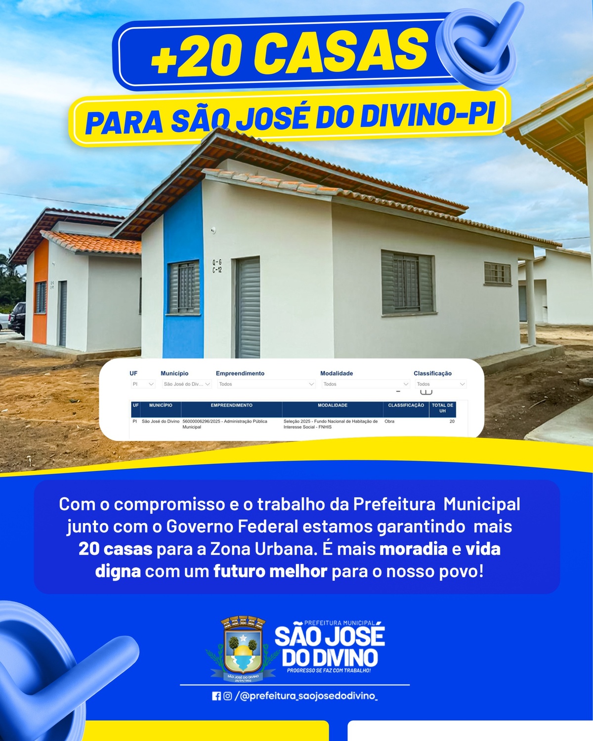 São José do Divino é contemplado com 20 novas casas do 'Minha Casa, Minha Vida'