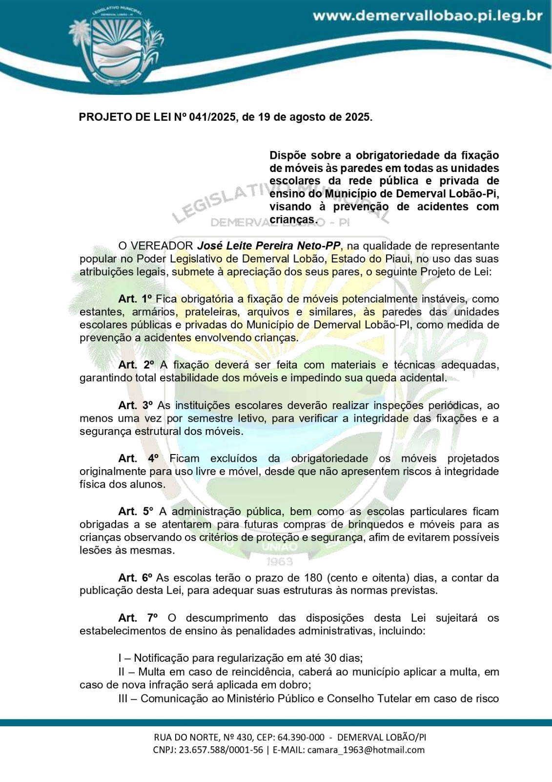 Vereador José Leite propõe medidas de proteção para alunos em Demerval Lobão